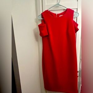 Red Calvin Klein Open Shoulder Sheath Dress - Petite Size 6 & Gold Back Zipper